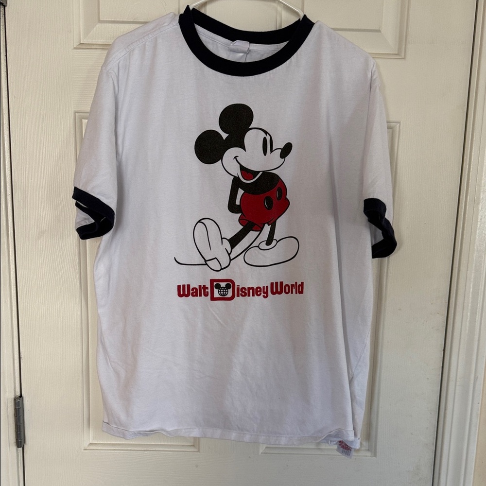 Disney White Tee with Black Trim and Red Mickey Graphic